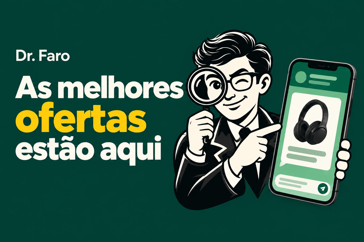 Dr. Faro com uma lupa ao lado de um celular. As melhores ofertas estão aqui.