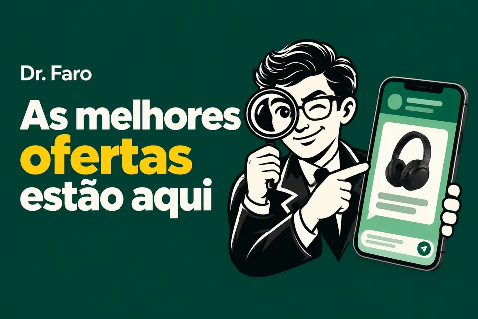 Dr. Faro com uma lupa ao lado de um celular. As melhores ofertas estão aqui.